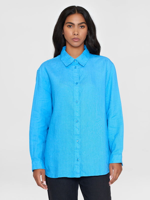 KnowledgeCotton Apparel - WMN Loose linen long sleeved shirt - GOTS/Vegan Shirts 1445 Malibu Blue