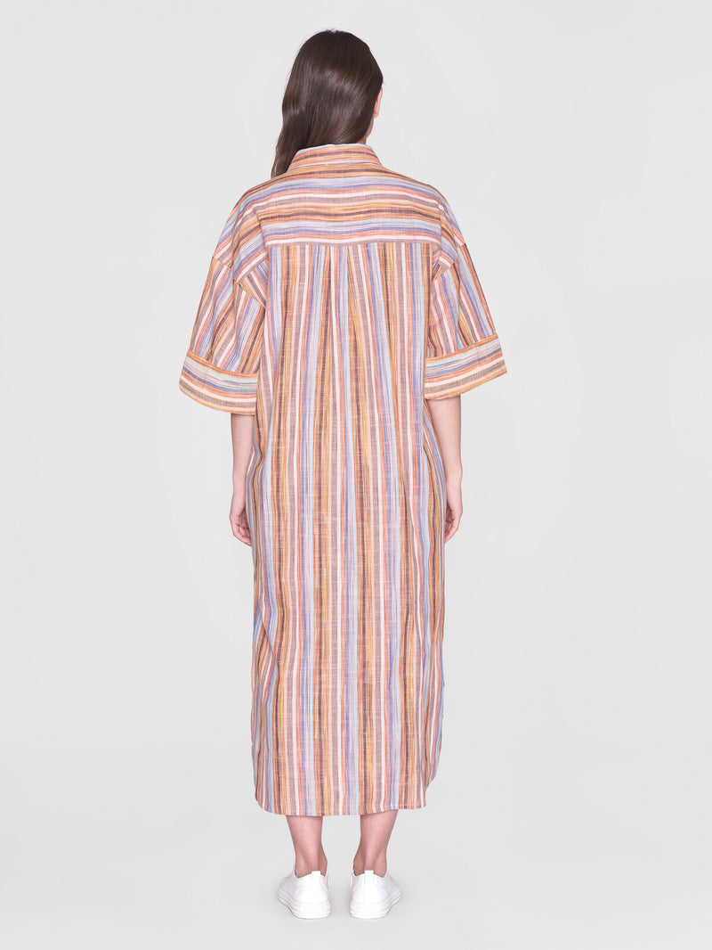 KnowledgeCotton Apparel - WMN Loose multicolored stripe short sleeved shirt dress - GOTS/Vegan Dresses 8032 Multi color stripe