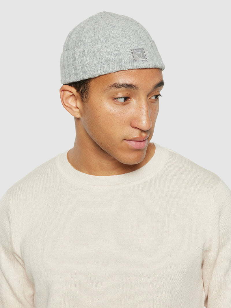 KnowledgeCotton Apparel - UNI Low wool 5x4 rib beanie - RWS Hats 1012 Grey Melange