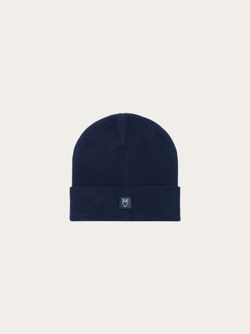 KnowledgeCotton Apparel - UNI Merino double layer badge beanie Hats 1001 Total Eclipse