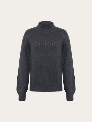KnowledgeCotton Apparel - WMN Merino high neck sweater Knits 1073 Dark Grey Melange
