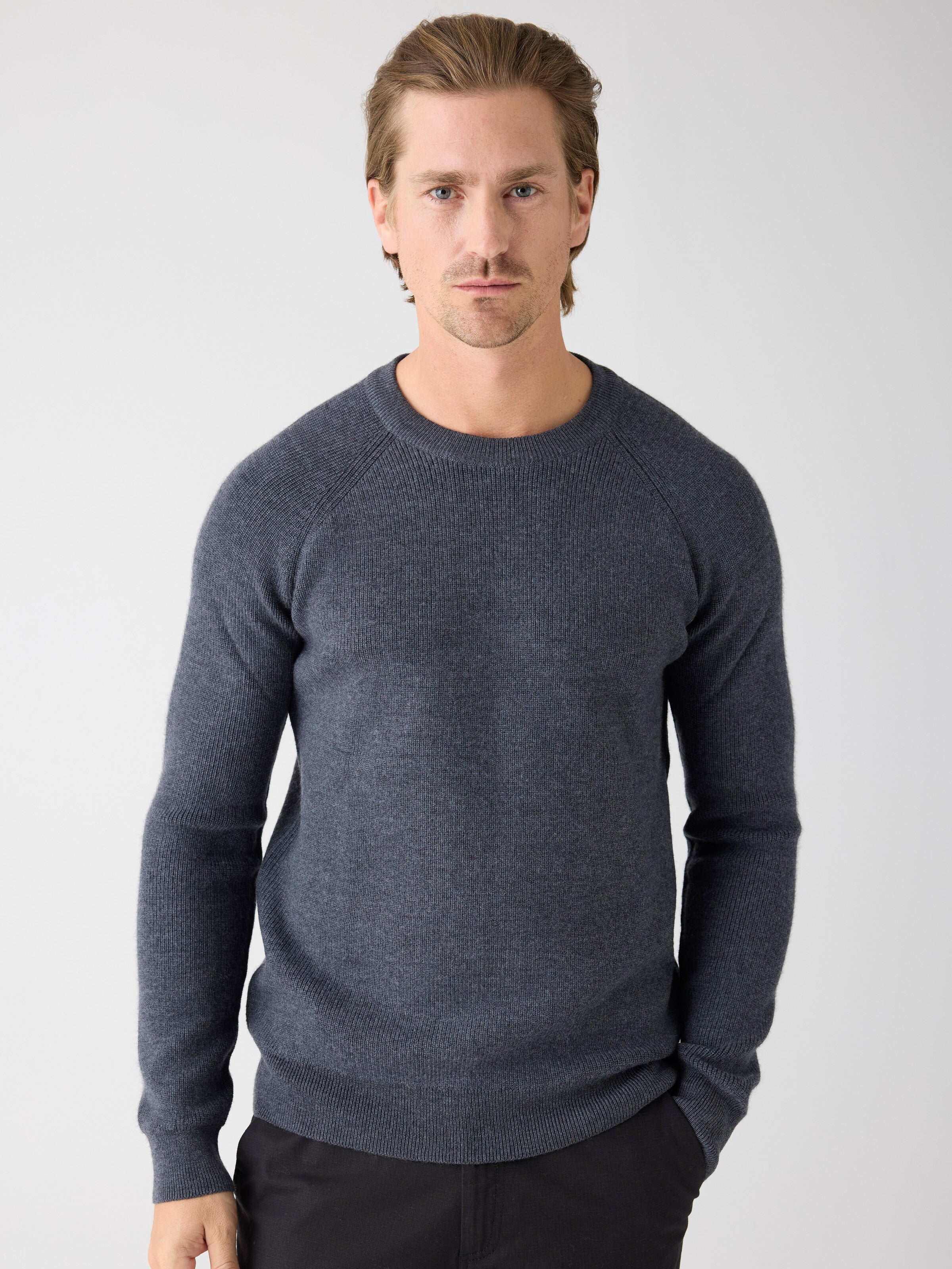 O-neck merino wool rib knit - Dark Grey Melange