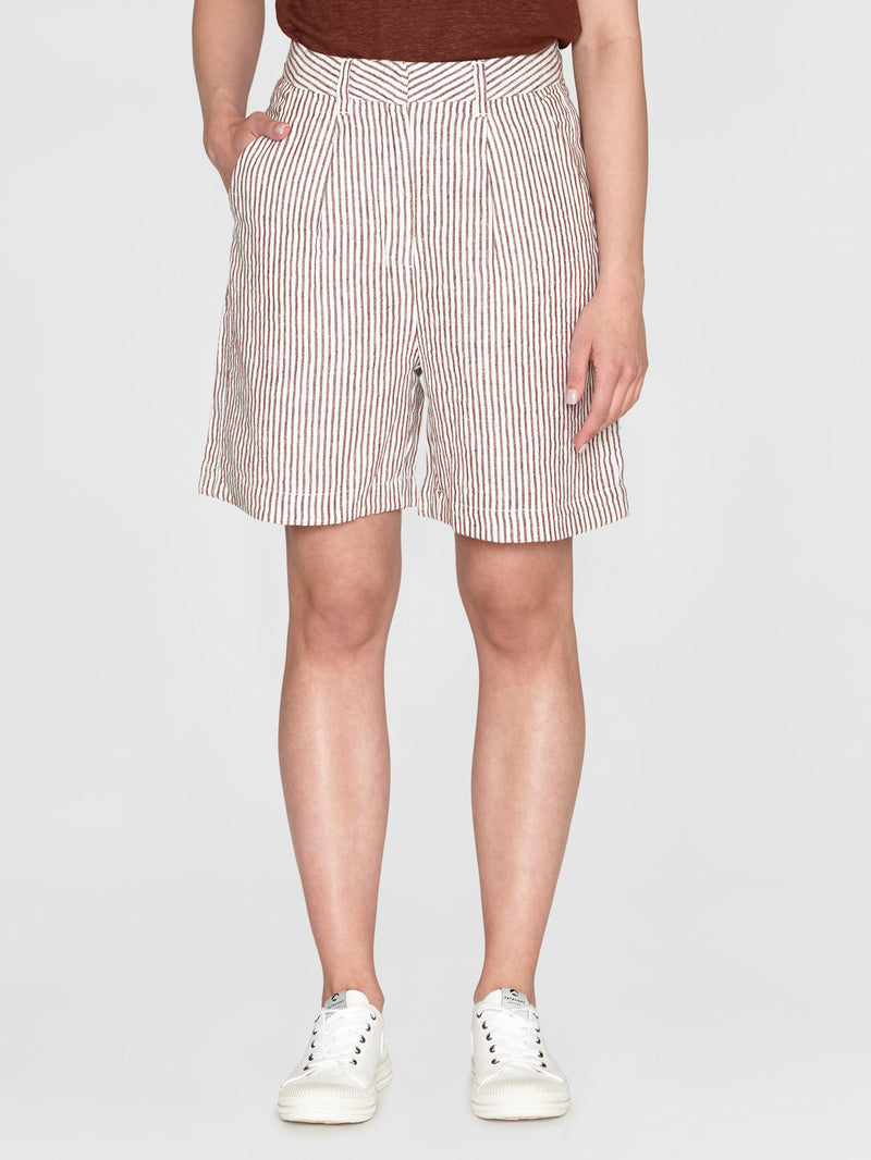 KnowledgeCotton Apparel - WMN POSEY wide high-rise striped linen shorts - GOTS/Vegan Shorts 8026 Brown stripe