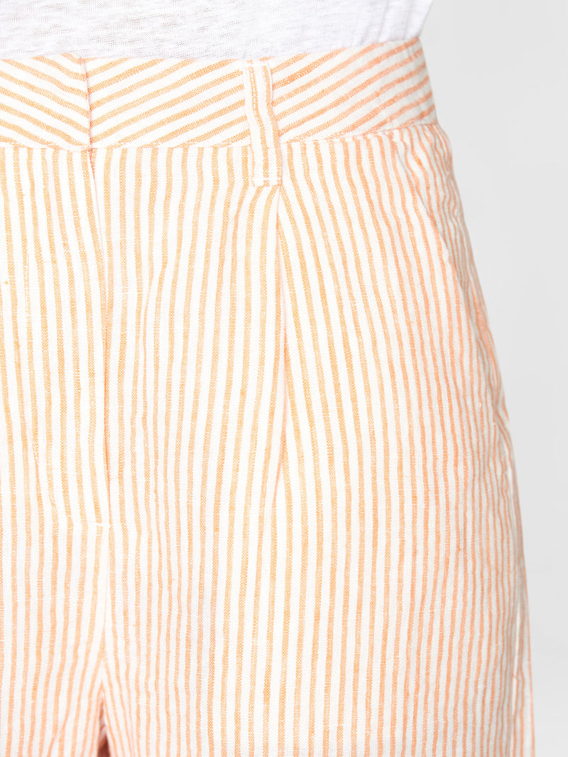 KnowledgeCotton Apparel - WMN POSEY wide high-rise striped linen shorts - GOTS/Vegan Shorts 8029 Orange
