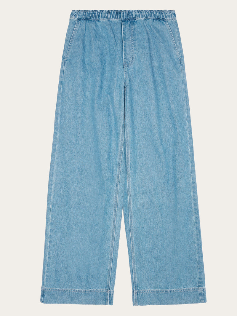 KnowledgeCotton Apparel - WMN POSEY wide mid-rise elastic waistband denim pant - GOTS/Vegan Pants 3058 Light Blue denim