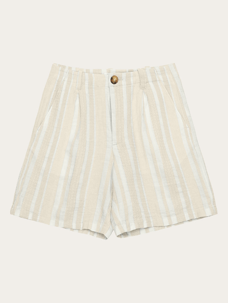KnowledgeCotton Apparel - WMN POSEY wide mid-rise pleated jacquard woven stripe shorts - GOTS/Vegan Shorts 8030 Beige stripe