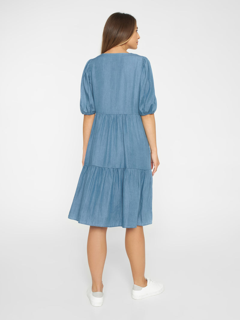 KnowledgeCotton Apparel - WMN Puff sleeve denim Tencel™ dress Dresses 3035 Vintage Indigo