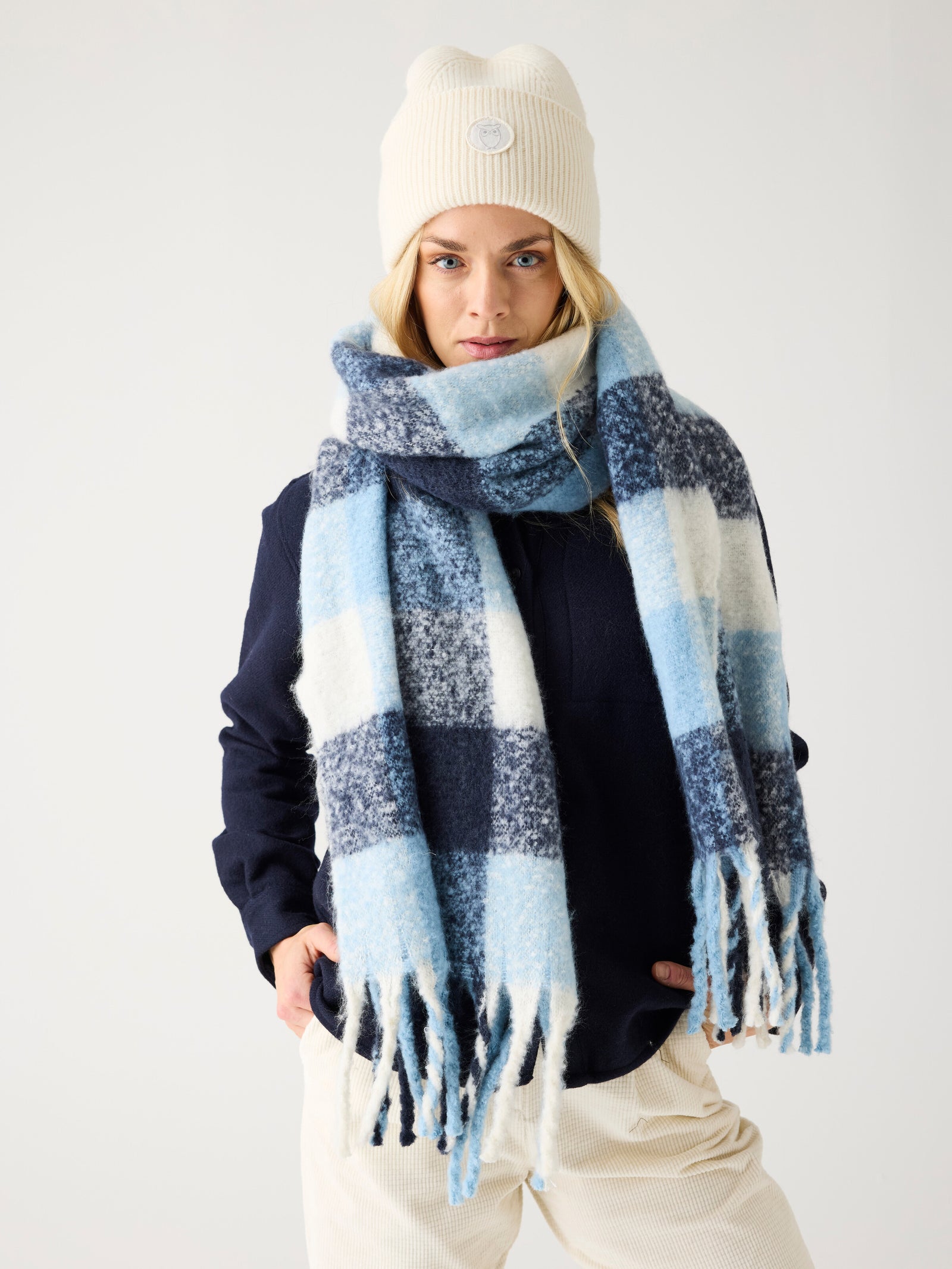 Recycled fringe scarf - Blue check