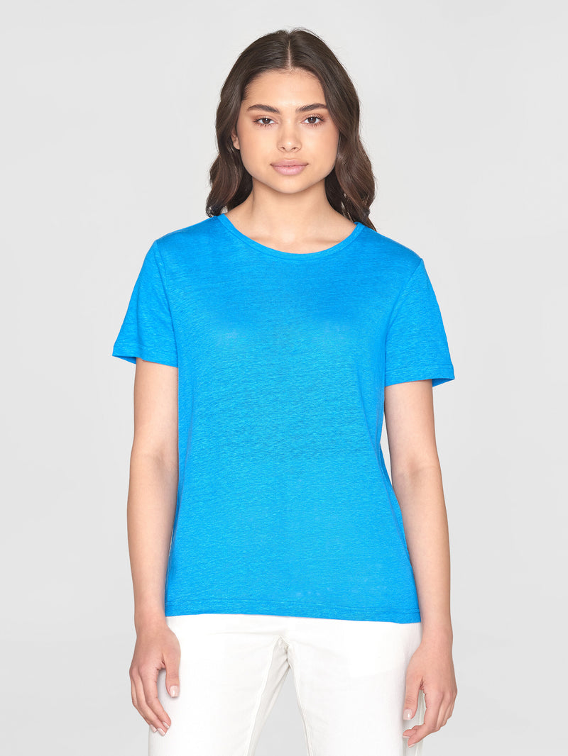 KnowledgeCotton Apparel - WMN Reg linen t-shirt T-shirts 1445 Malibu Blue