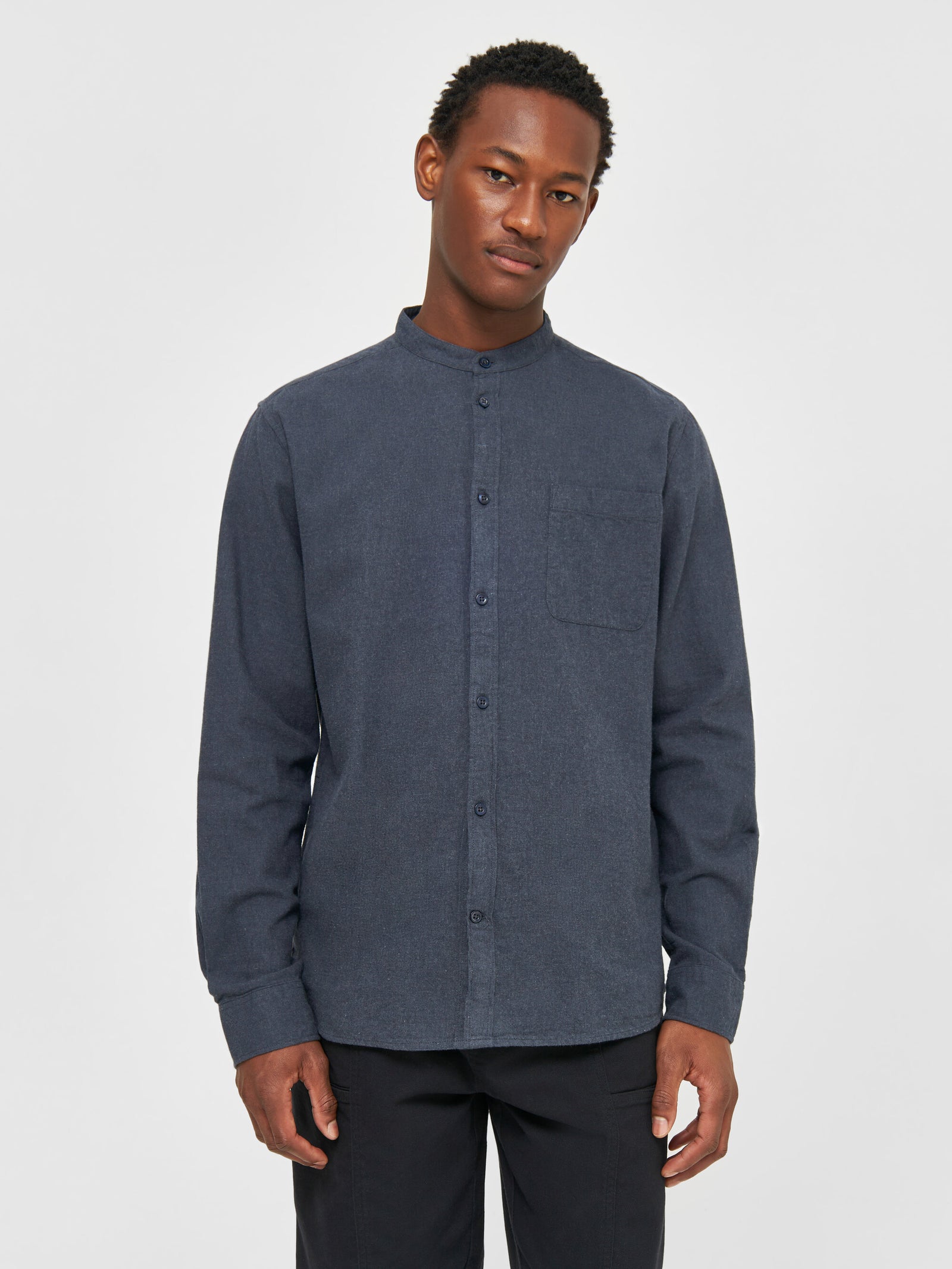Regular fit melangé flannel stand collar shirt - Total Eclipse