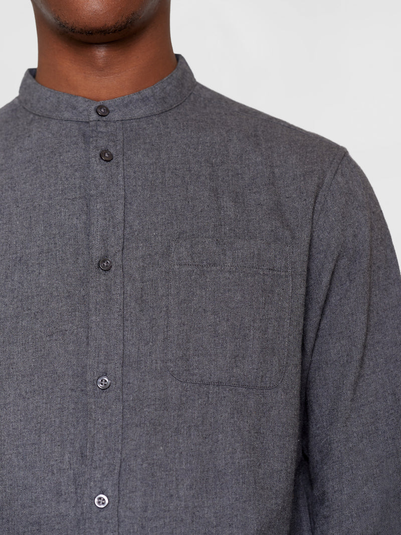 KnowledgeCotton Apparel - MEN Regular fit melangé flannel stand collar shirt Shirts 1073 Dark Grey Melange
