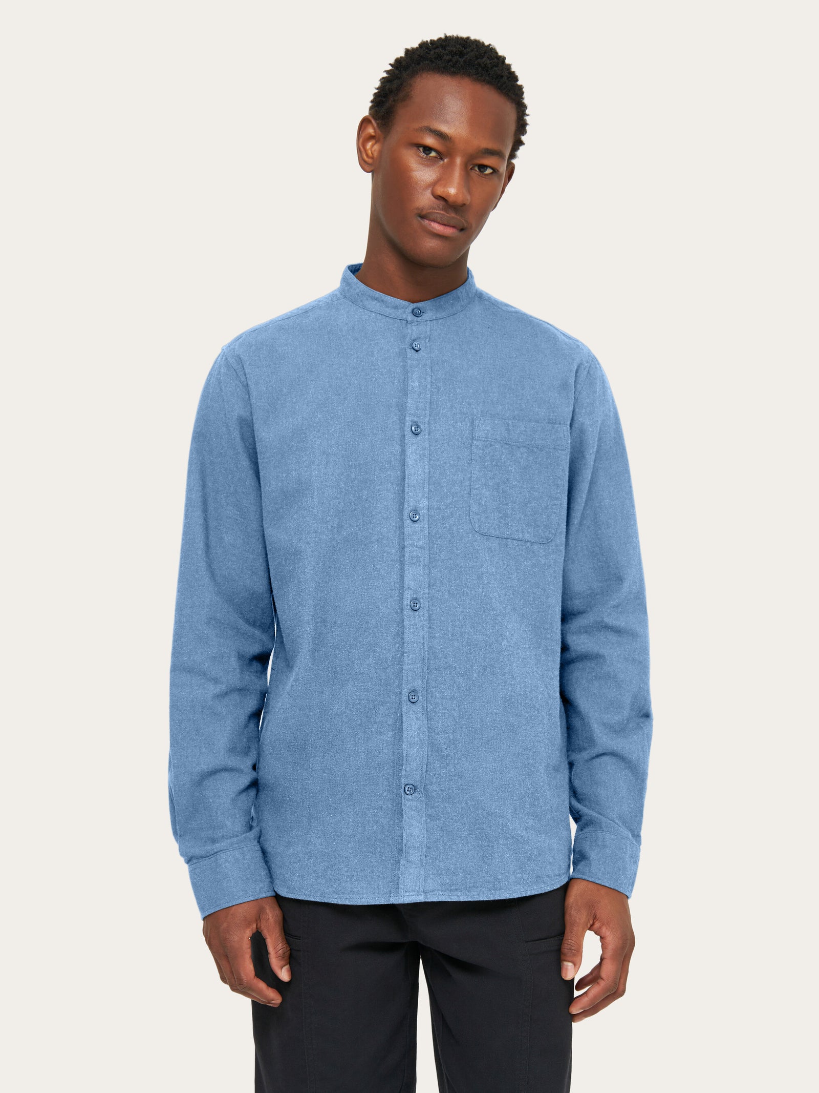 Regular fit melangé flannel stand collar shirt - Dark Denim