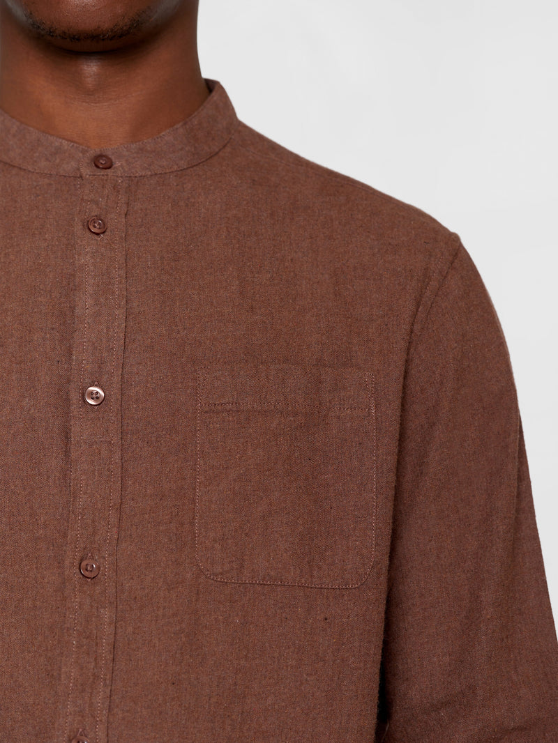 KnowledgeCotton Apparel - MEN Regular fit melangé flannel stand collar shirt Shirts 1404 Deep Mahogany