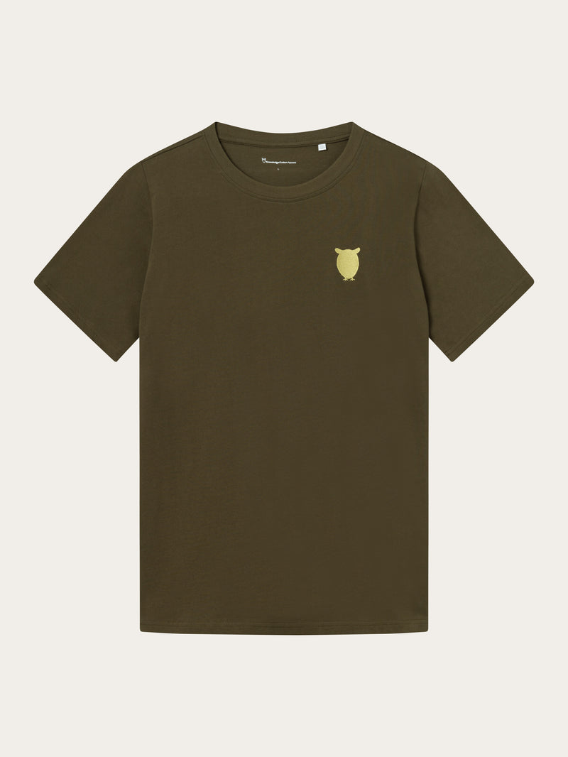 KnowledgeCotton Apparel - MEN Regular fit owl chest embroidery t-shirt T-shirts 1100 Dark Olive