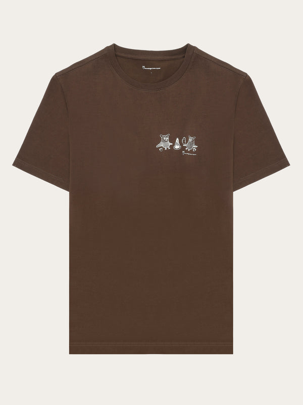 KnowledgeCotton Apparel - MEN Regular fit owl trip chest print t-shirt - Regenerative Organic Certified® - GOTS/Vegan T-shirts 1243 Demitasse (brown)