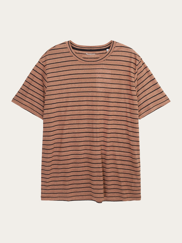 KnowledgeCotton Apparel - MEN Regular linen striped t-shirt - GOTS/VEGAN T-shirts 8026 Brown stripe