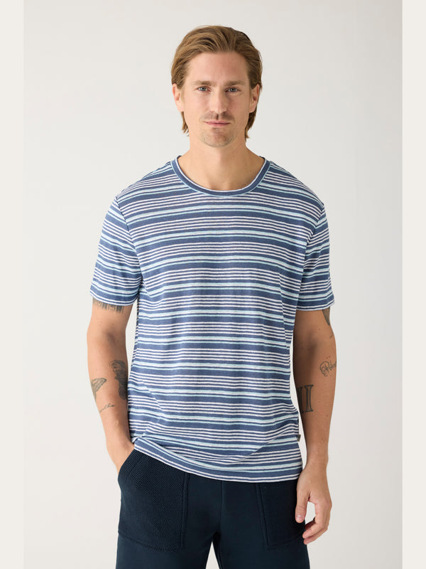 KnowledgeCotton Apparel - MEN Regular linen striped t-shirt - GOTS/Vegan T-shirts 8021 Blue stripe