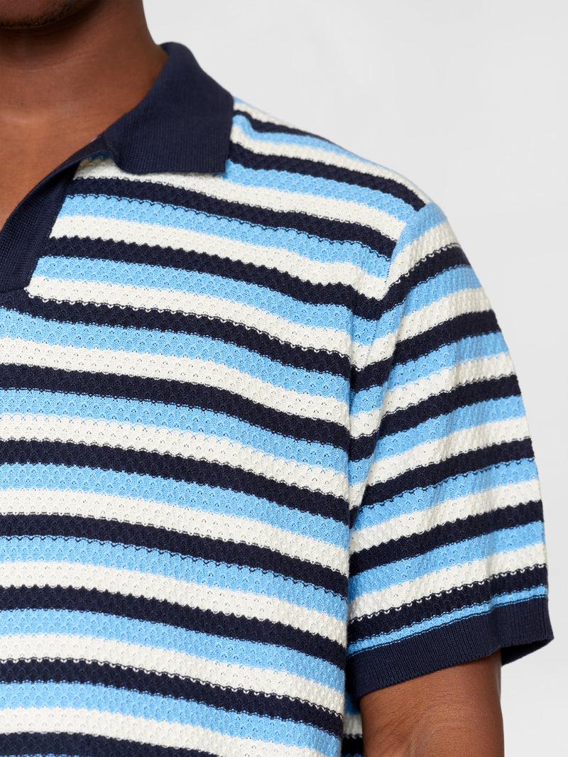 KnowledgeCotton Apparel - MEN Regular short sleeve striped knitted polo - GOTS/Vegan Polos 8021 Blue stripe