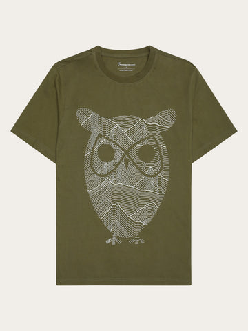 KnowledgeCotton Apparel - MEN Regular single jersey mountain owl printed t-shirt - Regenerative Organic Certified™ - GOTS T-shirts 1068 Burned Olive