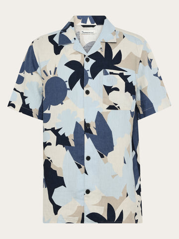KnowledgeCotton Apparel - MEN Relaxed linen print short sleeve shirt Shirts 9921 Blue