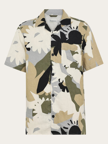 KnowledgeCotton Apparel - MEN Relaxed linen print short sleeve shirt Shirts 9923 Green