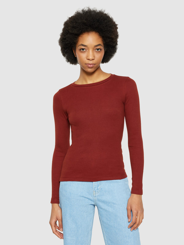 KnowledgeCotton Apparel - WMN Rib Scoop neck long sleeved T-shirts 1478 Fired Brick