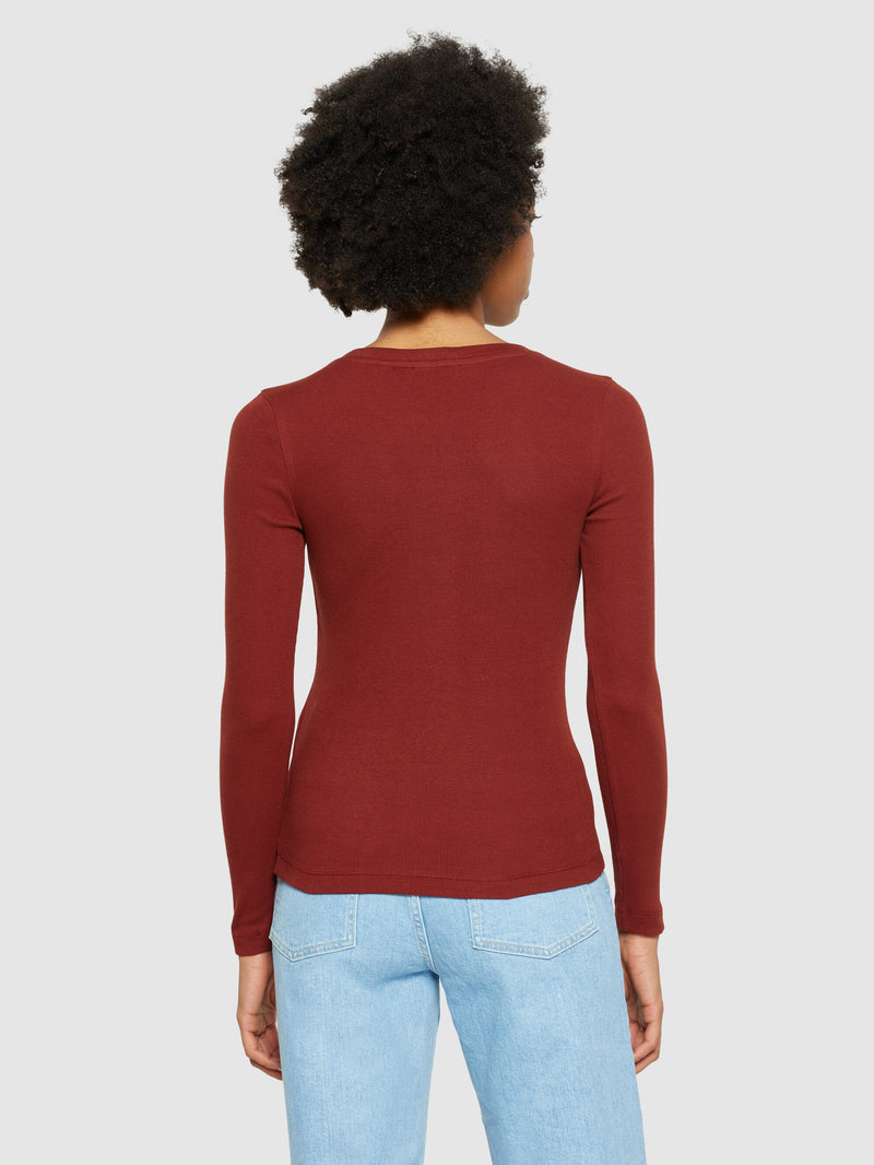 KnowledgeCotton Apparel - WMN Rib Scoop neck long sleeved T-shirts 1478 Fired Brick