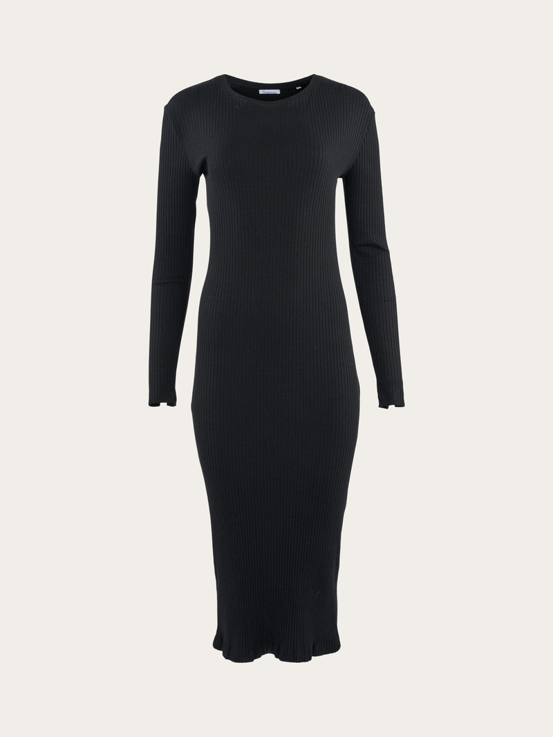 KnowledgeCotton Apparel - WMN Rib crew neck Lenzing™ slit dress Dresses 1300 Black Jet