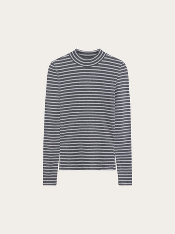KnowledgeCotton Apparel - WMN Rib high neck LS Long Sleeves 8031 Grey stripe