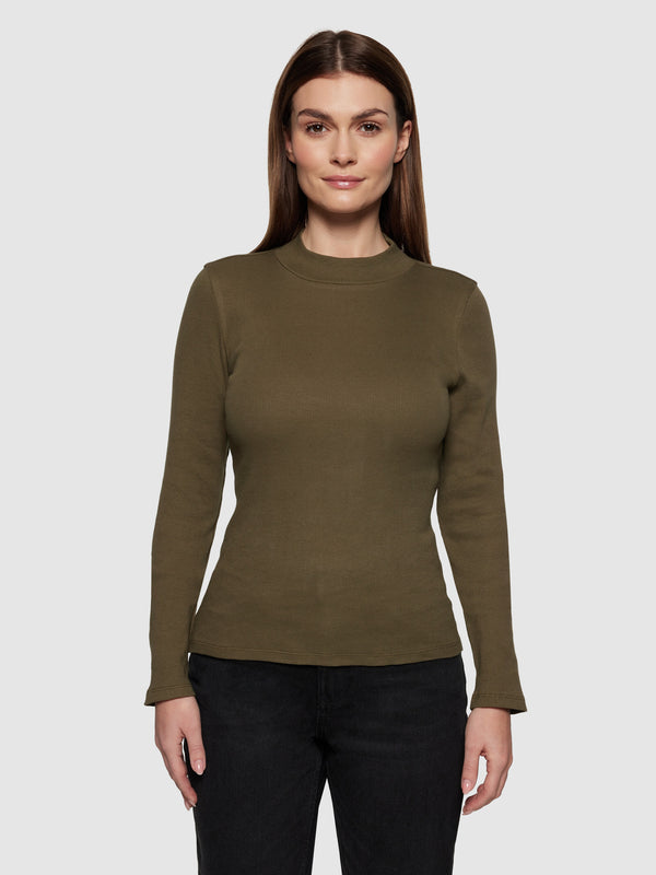 KnowledgeCotton Apparel - WMN Rib high neck LS T-shirts 1100 Dark Olive