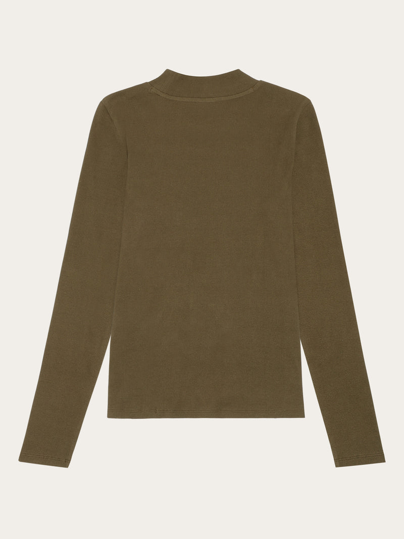 KnowledgeCotton Apparel - WMN Rib high neck LS T-shirts 1100 Dark Olive