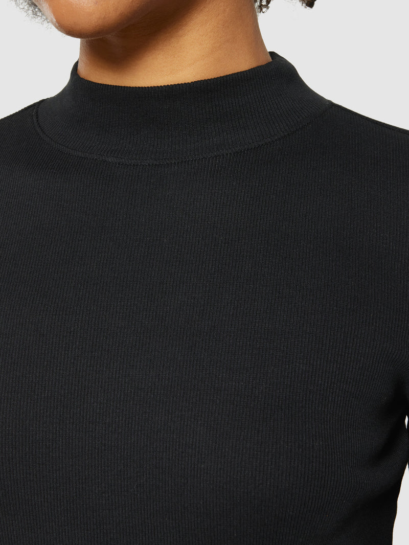 KnowledgeCotton Apparel - WMN Rib high neck LS T-shirts 1300 Black Jet