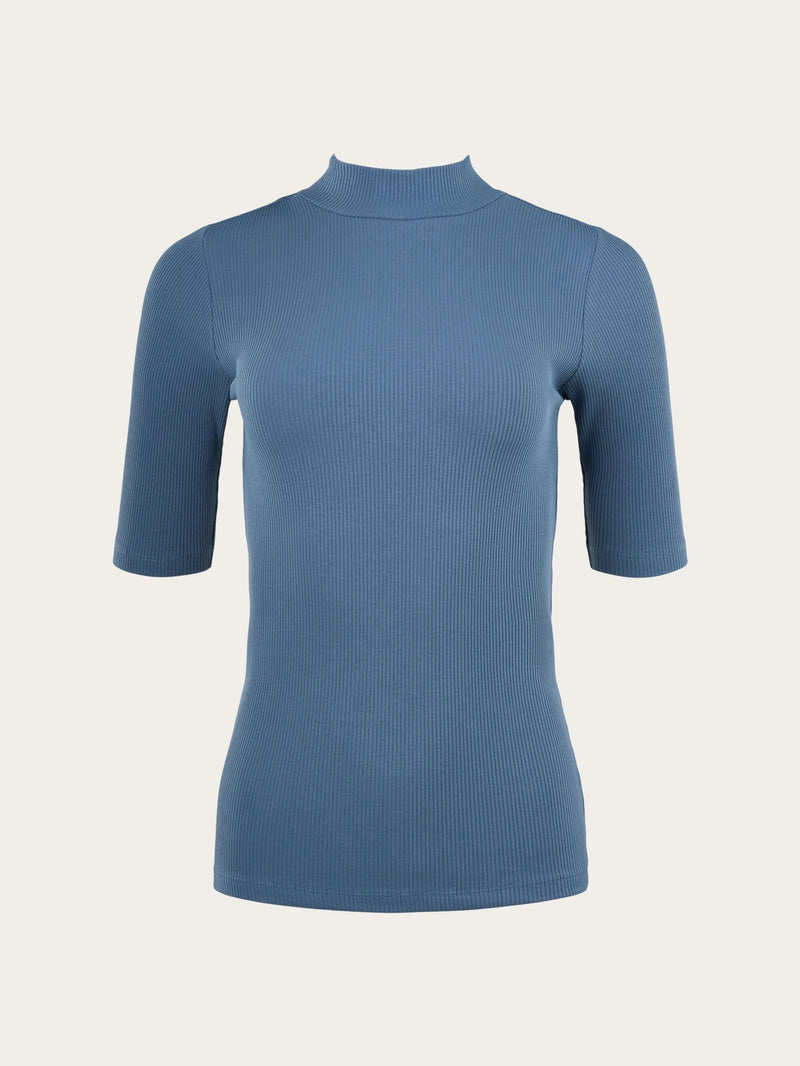 KnowledgeCotton Apparel - WMN Rib high neck SS T-shirts 1361 China Blue