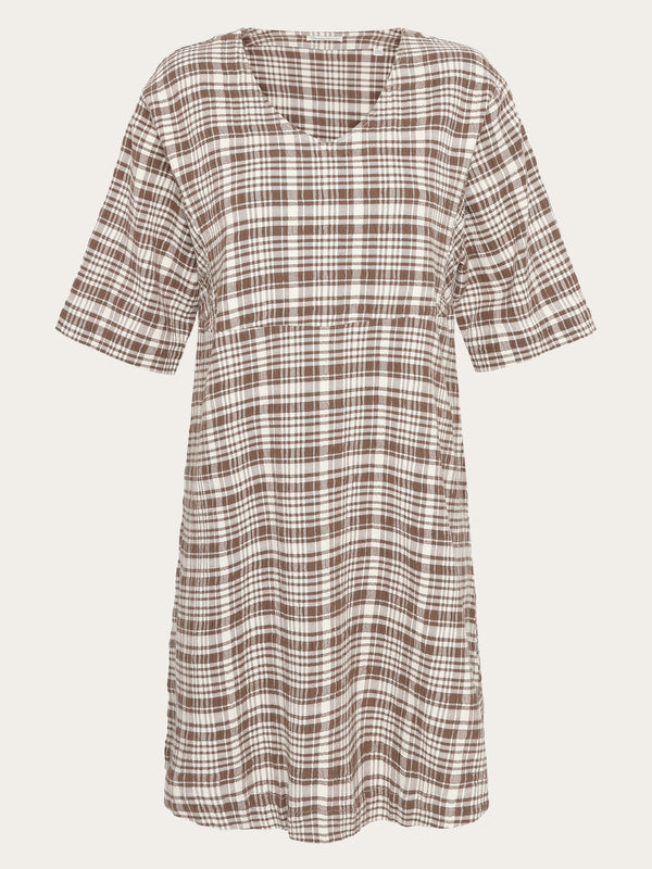 KnowledgeCotton Apparel - WMN Seersucker check tunica dress - GOTS/Vegan Dresses 7030 Beige check