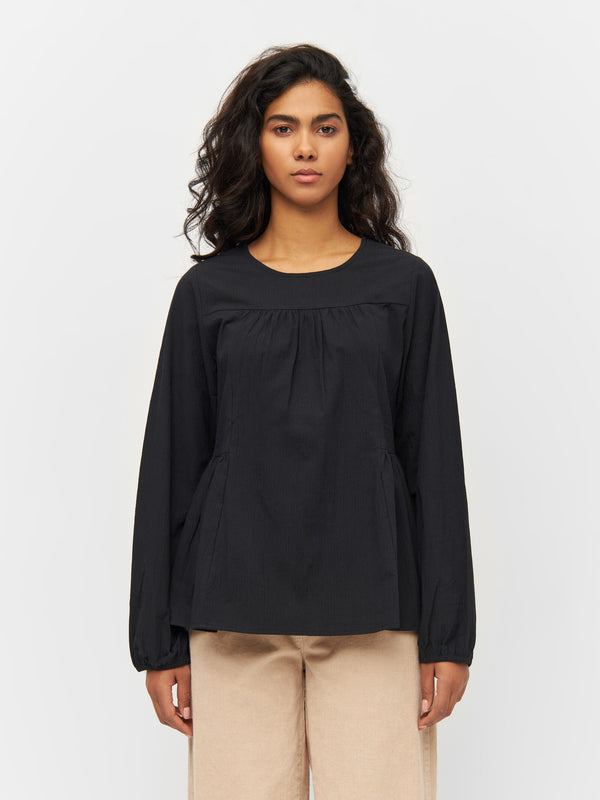 KnowledgeCotton Apparel - WMN Seersucker peplum blouse Shirts 1300 Black Jet