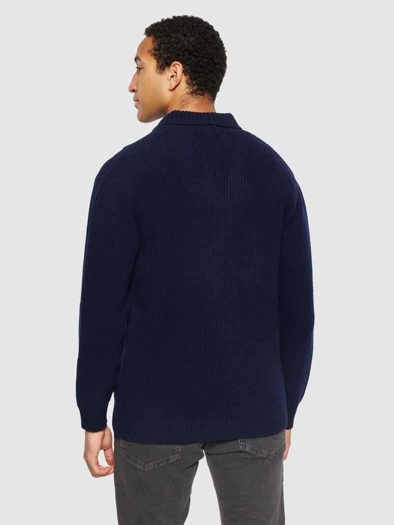 KnowledgeCotton Apparel - MEN Shawl neck wool cardigan - RWS Knits 1001 Total Eclipse