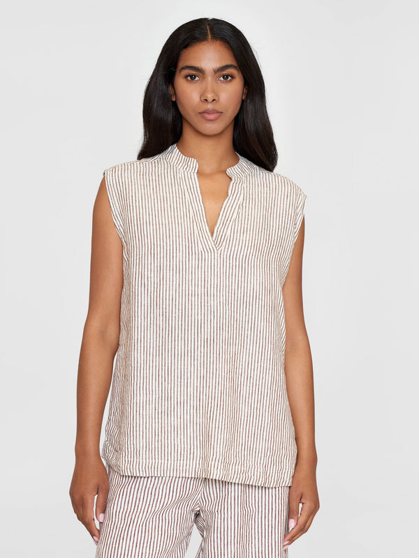KnowledgeCotton Apparel - WMN Sleeveless linen stripe top - GOTS/Vegan Shirts 8026 Brown stripe