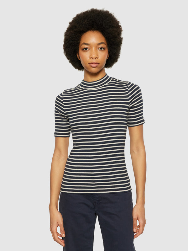 KnowledgeCotton Apparel - WMN Striped rib high neck short sleeved T-shirts 8003 Stripe - navy