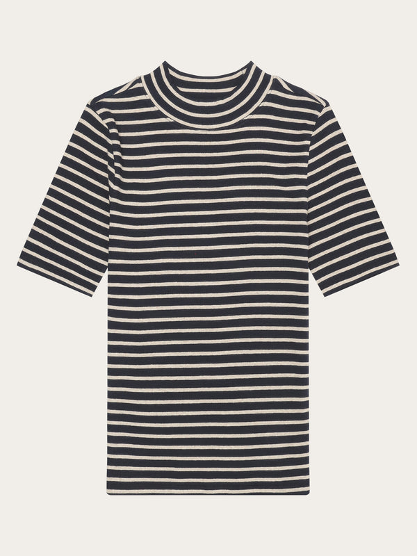 KnowledgeCotton Apparel - WMN Striped rib high neck short sleeved T-shirts 8003 Stripe - navy