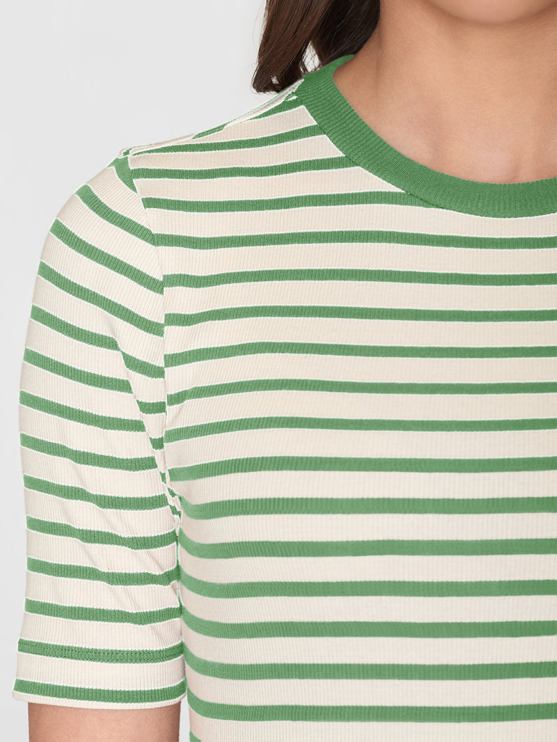 KnowledgeCotton Apparel - WMN Striped rib t-shirt T-shirts 8023 Green stripe