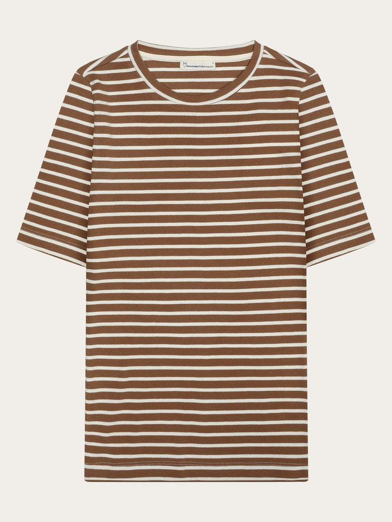 KnowledgeCotton Apparel - WMN Striped rib t-shirt T-shirts 8035 Dark Brown Stripe