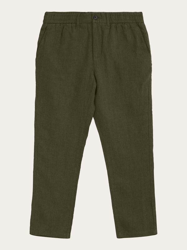 KnowledgeCotton Apparel - MEN TIM tapered herringbone linen elastic waist string pants - GOTS/Vegan Pants 1068 Burned Olive