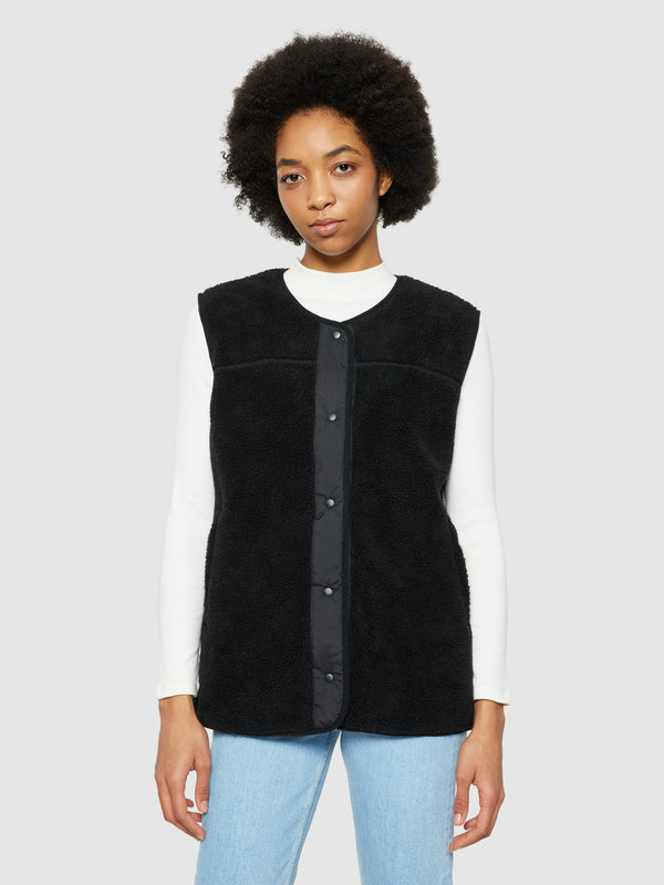 KnowledgeCotton Apparel - WMN Teddy crew neck vest - GRS/Vegan Fleeces 1300 Black Jet