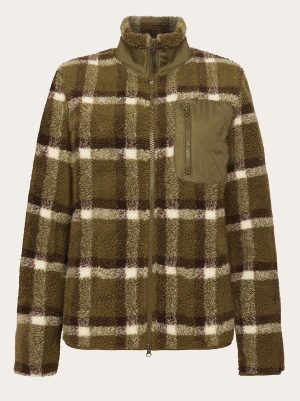 KnowledgeCotton Apparel - UNI Teddy high neck check zip jacket - GRS/Vegan Fleeces 7023 Green check