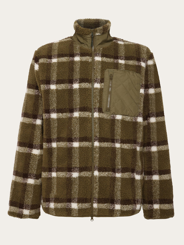 KnowledgeCotton Apparel - UNI Teddy high neck check zip jacket - GRS/Vegan Fleeces 7023 Green check