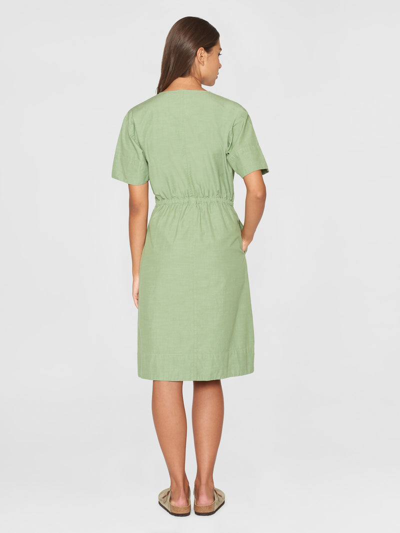 KnowledgeCotton Apparel - WMN V-neck slub yarn short sleeve midi dress - GOTS/Vegan Dresses 1454 Shale Green