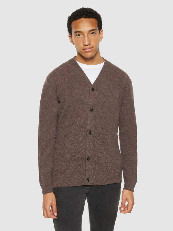 KnowledgeCotton Apparel - MEN V-neck wool knit cardigan - RWS Knits 1243 Demitasse (brown)