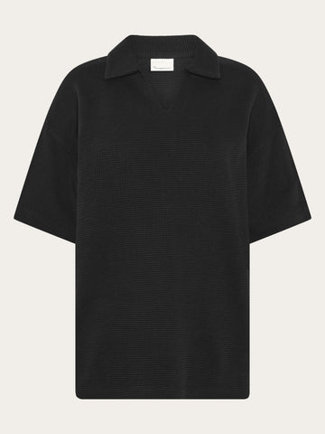 KnowledgeCotton Apparel - WMN Waffle split neck polo Polos 1300 Black Jet