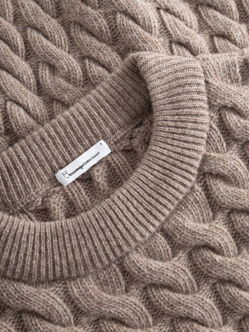 KnowledgeCotton Apparel - WMN Wool cable knit 2-tone Knits 1336 Kelp melange