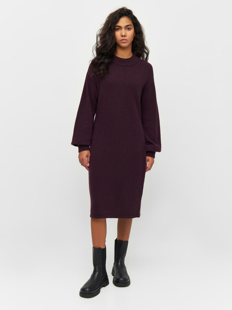 KnowledgeCotton Apparel - WMN Wool crew neck mid length dress Dresses 1394 Chocolate Plum